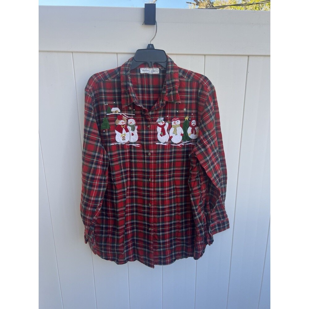 Victoria Jones Holiday Flannel Button Down Shirt Women's 1x Vintage